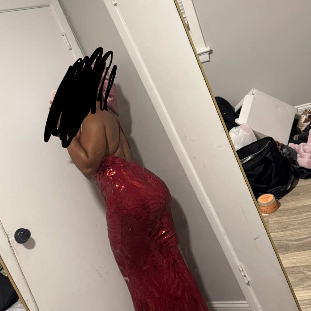 Fashion Nova Red Sequin Spaghetti Strap Prom Dress - Picture 2 of 3